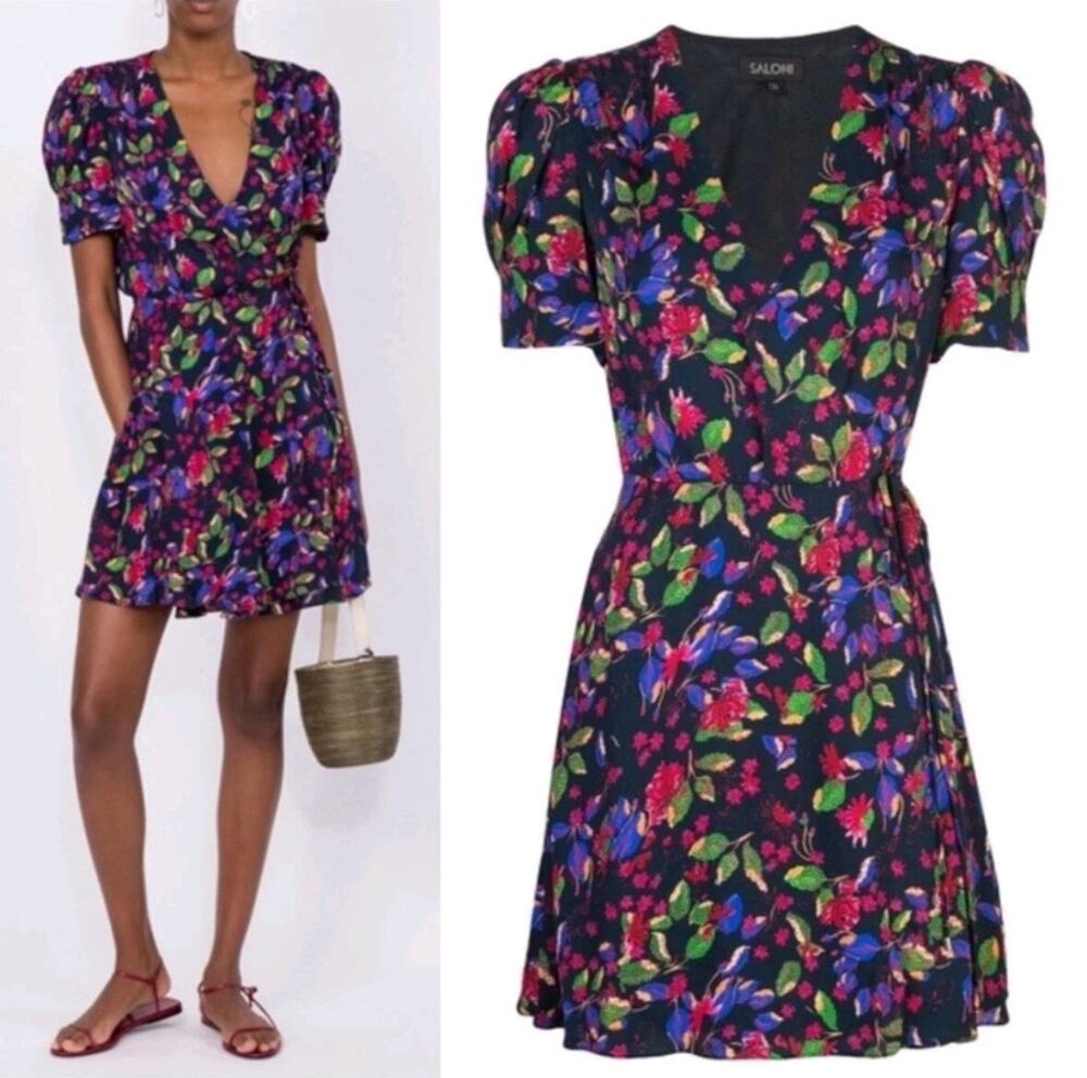 Saloni Lea Floral Wrap Mini Dress Puff Sleeve Romantic Garden Party Summer Sz 8